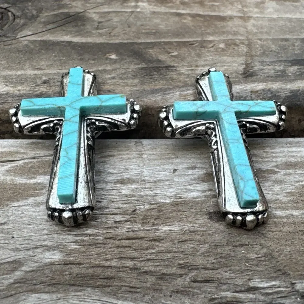 Turquoise Tone Howite or Plastic Cross Earrings Western Boho Silver Tone Post